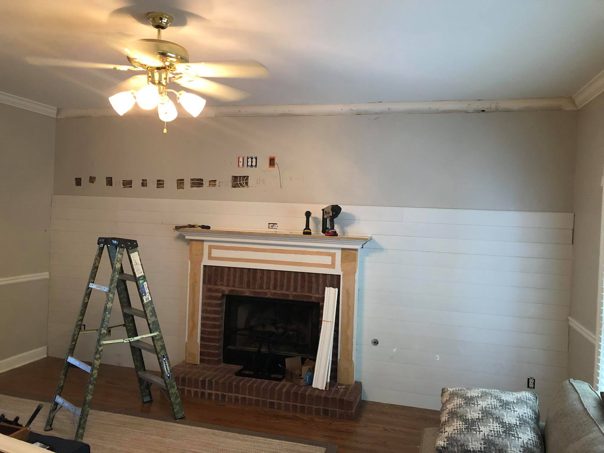 Complete Fireplace Shiplap Panels on Walls Installation 2