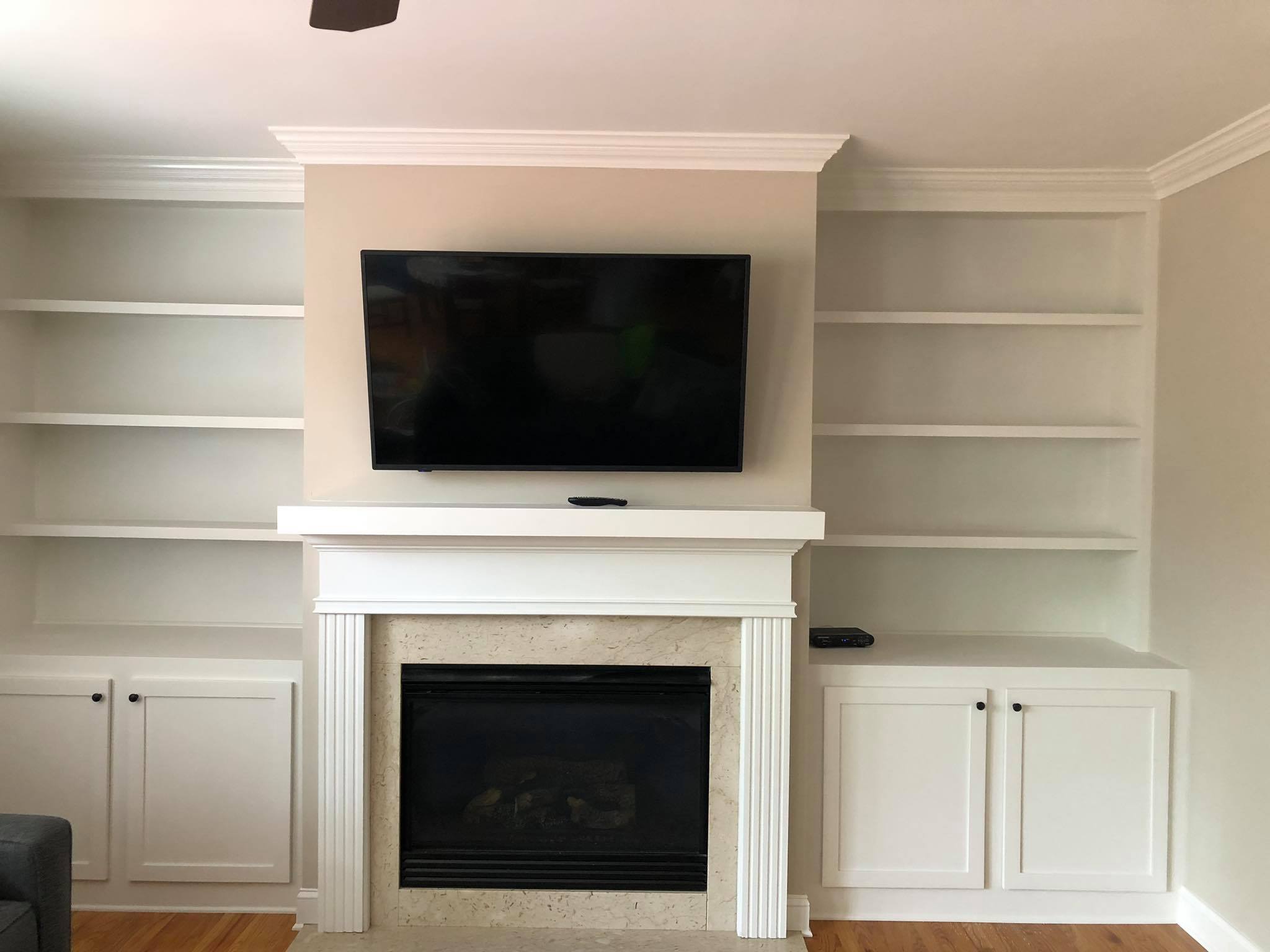 Fireplace Entertainment Center mantel and Built in Cabinets with Double Door Bases Front View 2