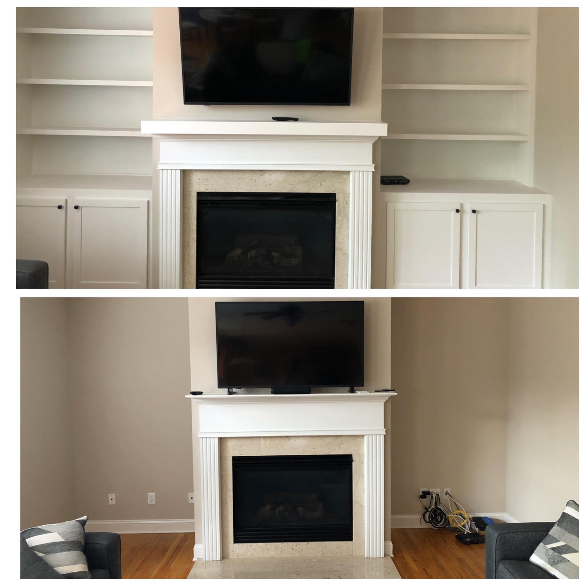 Fireplace Entertainment Center mantel and Built in Cabinets with Double Door Bases Front View