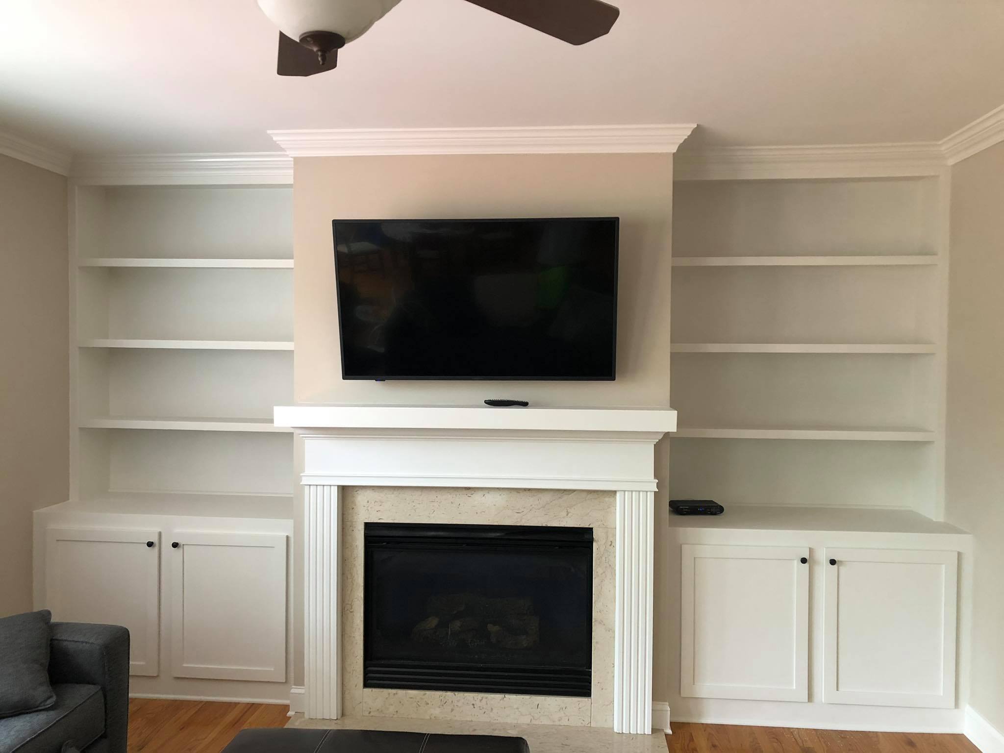 Fireplace Entertainment Center mantel and Built in Cabinets with Double Door Bases 2