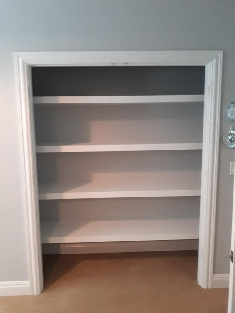Closet Space Floating Shelves Installed Painted White with Trim 3