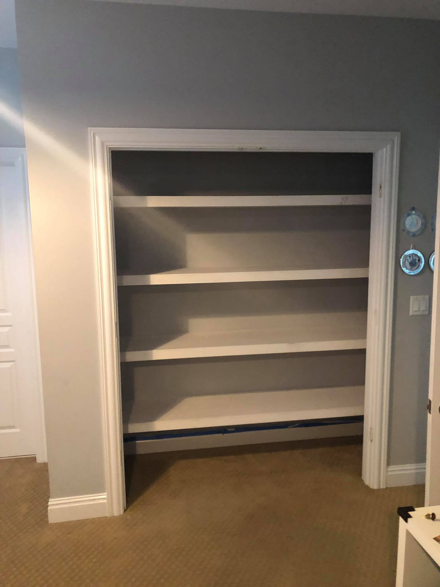 Closet Space Floating Shelves Installed Painted White with Trim