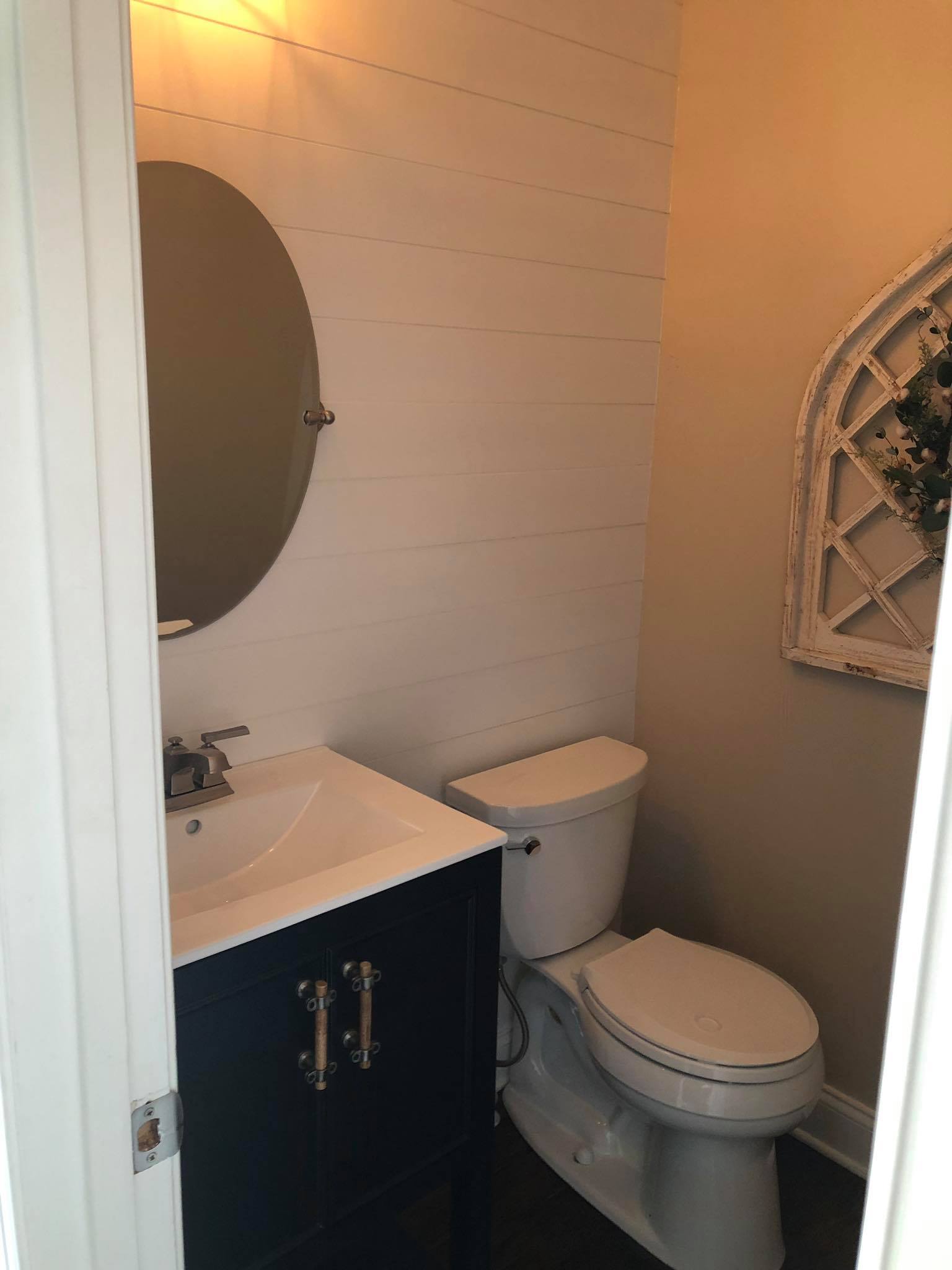 Shiplap Installation in Bathroom Walls 3 painted White