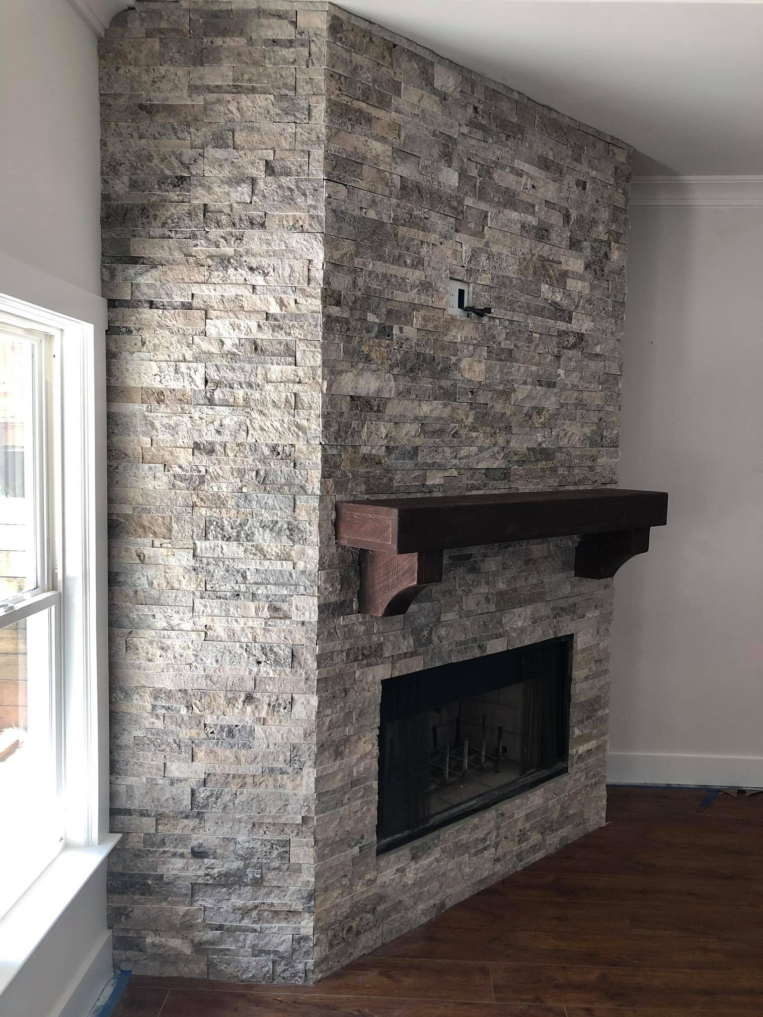 Stone Fireplace Mantel Hanging Installed 4