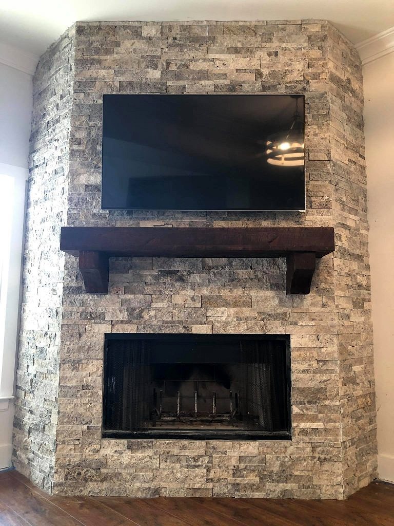 Stone Fireplace TV & Mantle Hanging - Peachtree City