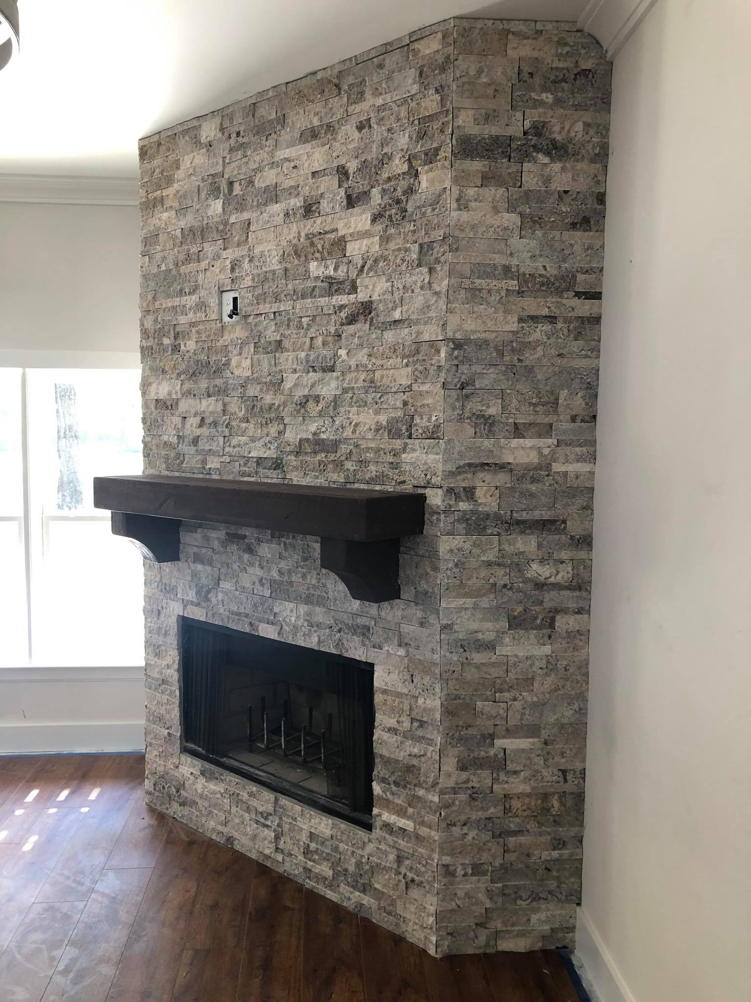 Stone Fireplace Mantel Hanging Installed 2