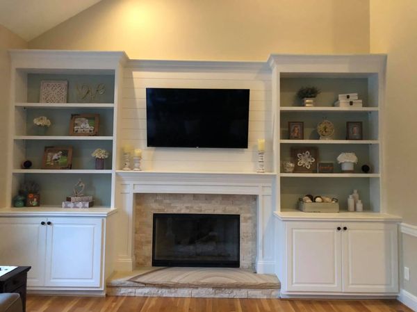 New Fireplace Mantel and Trim with Entertainment Center Double Door Cabinets and Built in Shelves 8