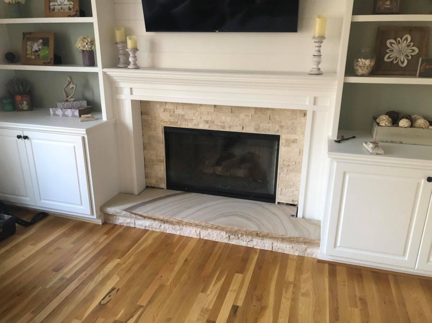 New Fireplace Mantel and Trim with Entertainment Center Double Door Cabinets and Built in Shelves 1