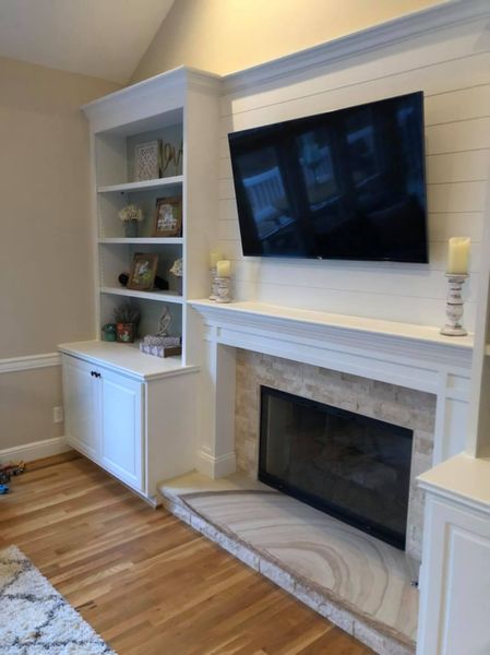 New Fireplace Mantel and Trim with Entertainment Center Double Door Cabinets and Built in Shelves 7