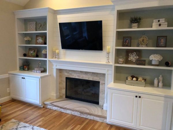 New Fireplace Mantel and Trim with Entertainment Center Double Door Cabinets and Built in Shelves 6