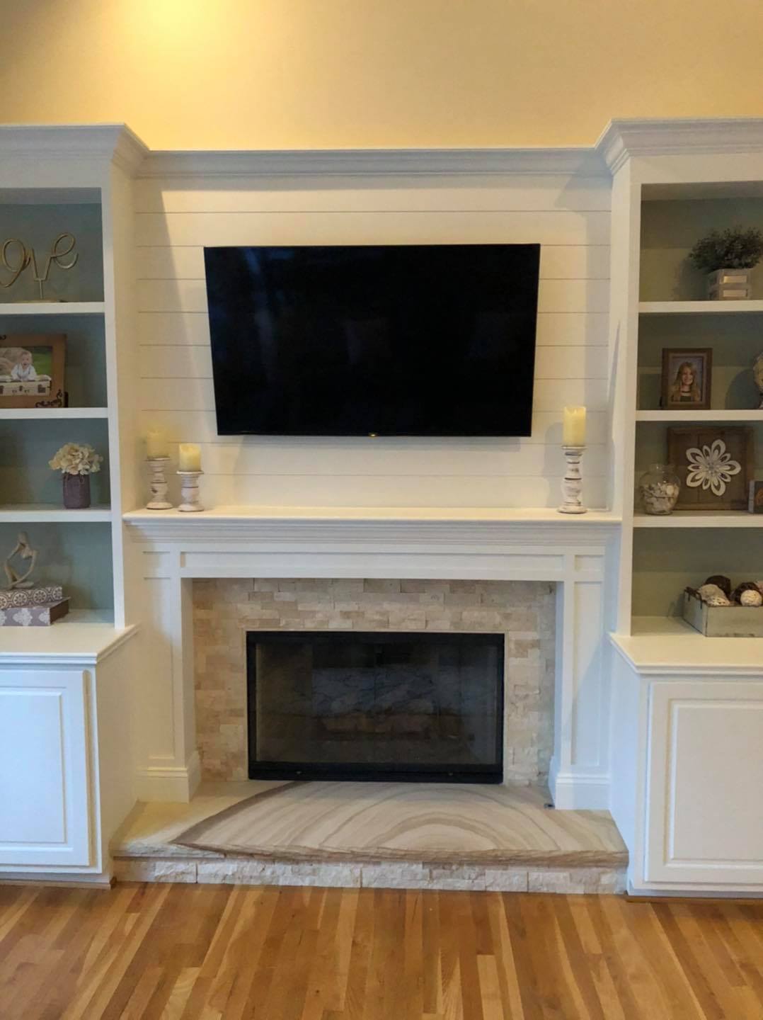 New Fireplace Mantel and Trim with Entertainment Center Double Door Cabinets and Built in Shelves 5