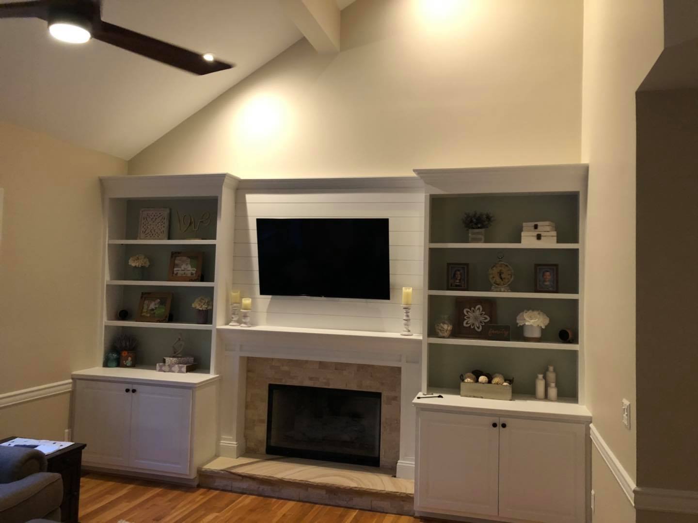 New Fireplace Mantel and Trim with Entertainment Center Double Door Cabinets and Built in Shelves 4