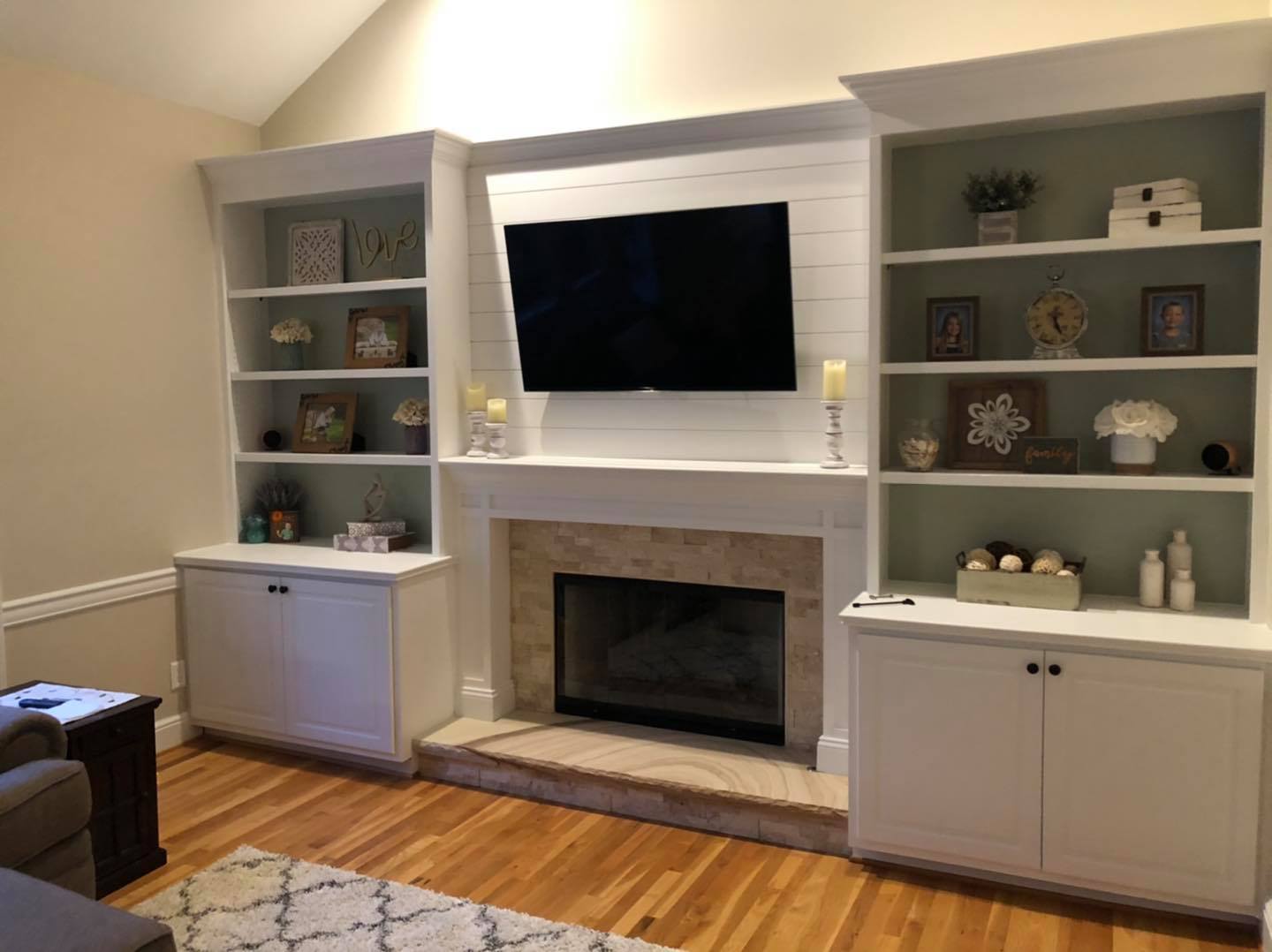 New Fireplace Mantel and Trim with Entertainment Center Double Door Cabinets and Built in Shelves 3