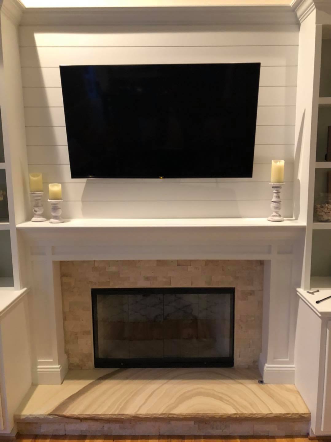 New Fireplace Mantel and Trim with Entertainment Center Double Door Cabinets and Built in Shelves 2