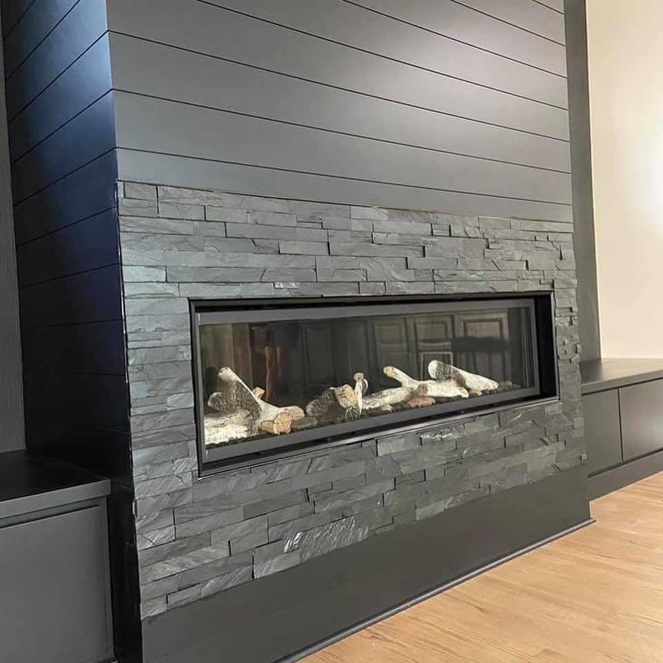 Black Shiplap Fireplace and Cabinets