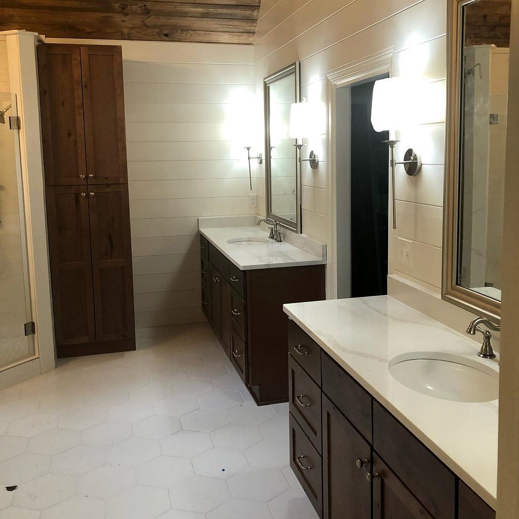 Master Bedroom Bathroom Vanity Cabinets with New Tops and Kobs 5