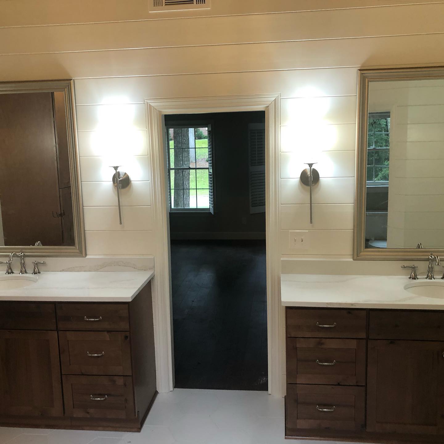 Master Bedroom Bathroom Vanity Cabinets with New Tops and Kobs 4