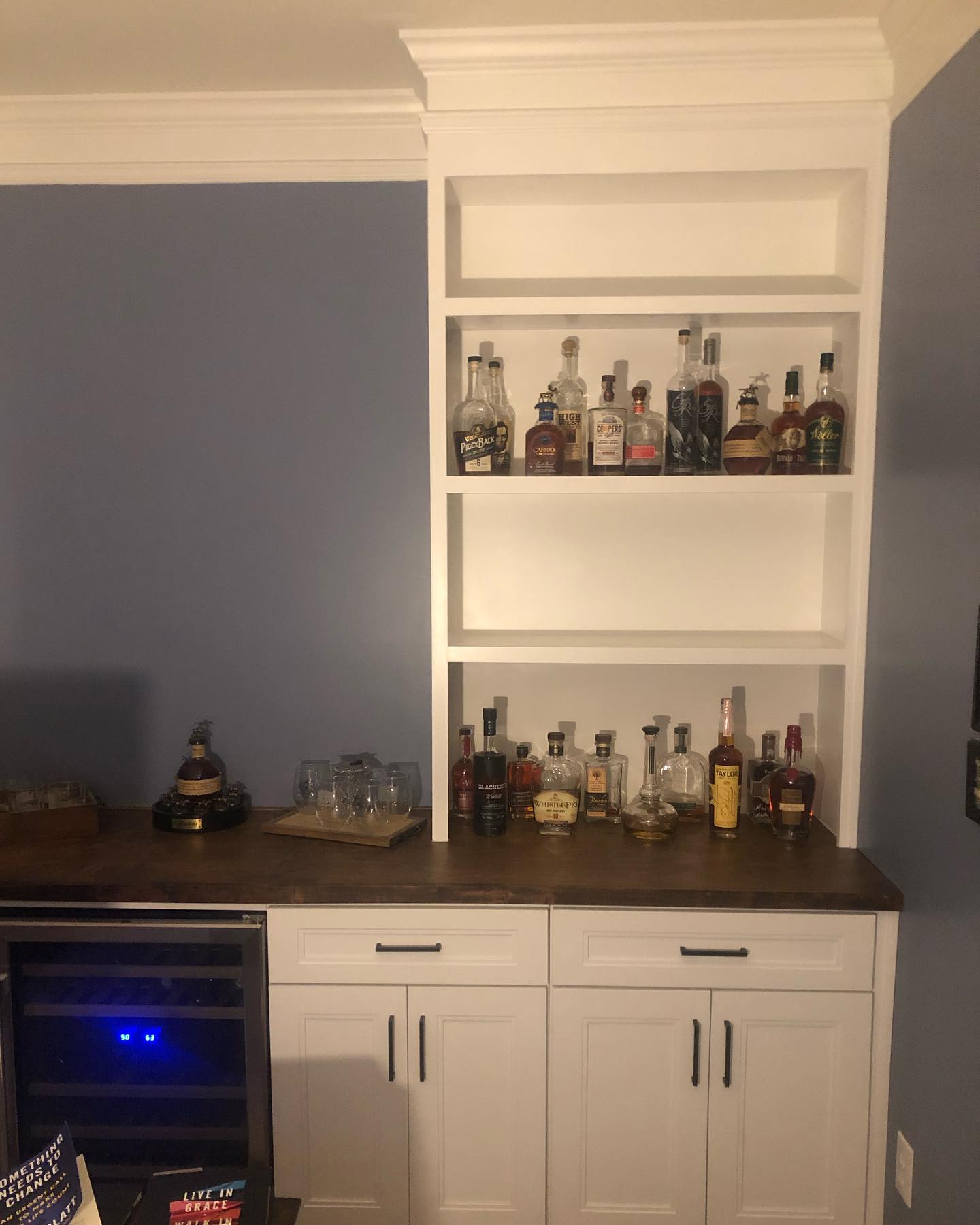 Custom Home Bar Built in Cabinets and Double Door Bases Painted White 4