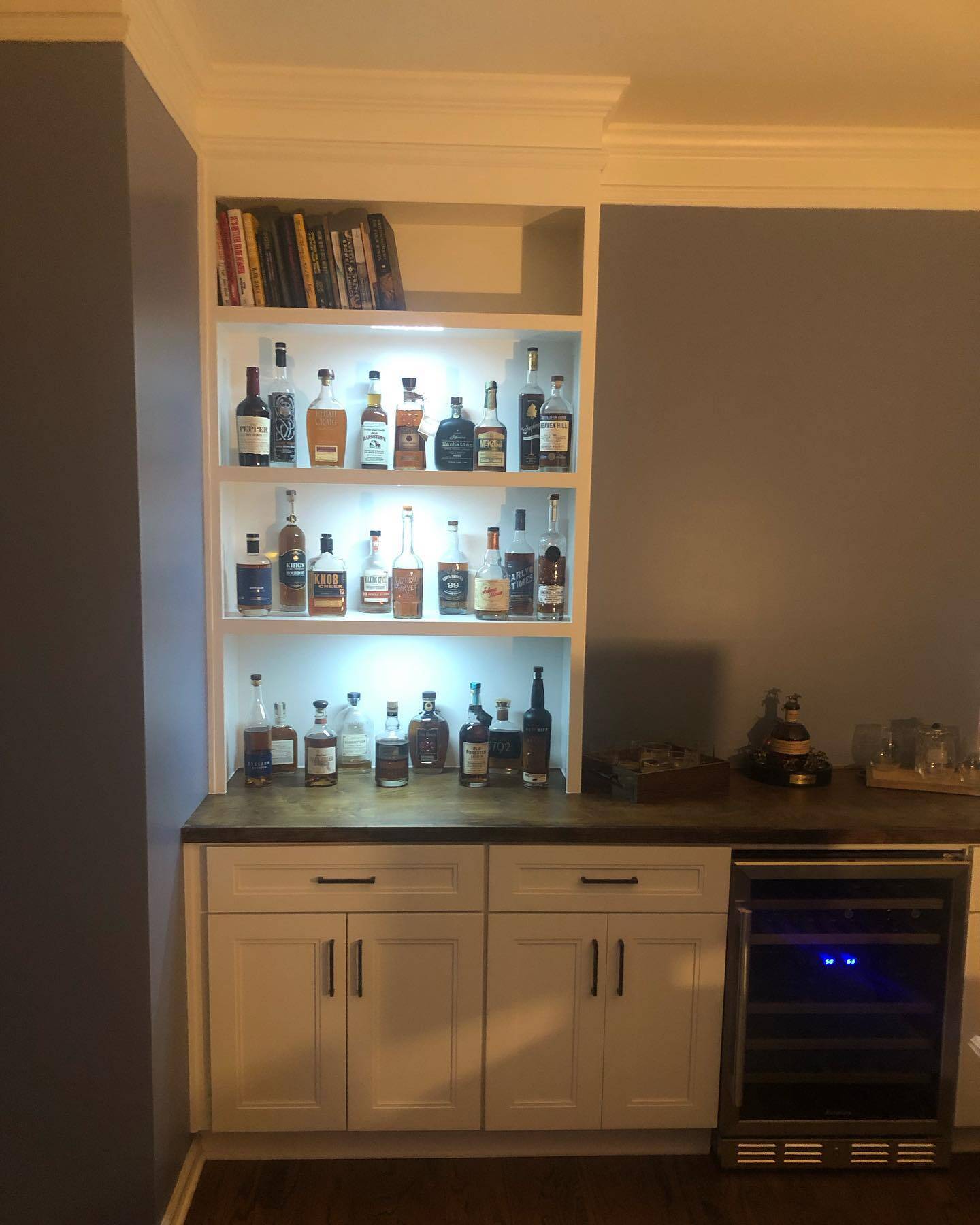 Custom Home Bar Built in Cabinets and Double Door Bases Painted White 2