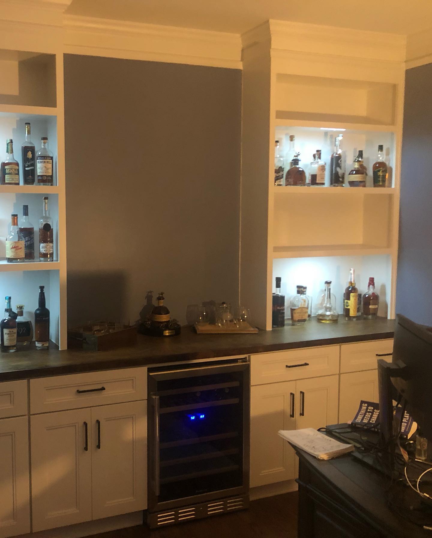 Custom Home Bar Built in Cabinets and Double Door Bases Painted White 1