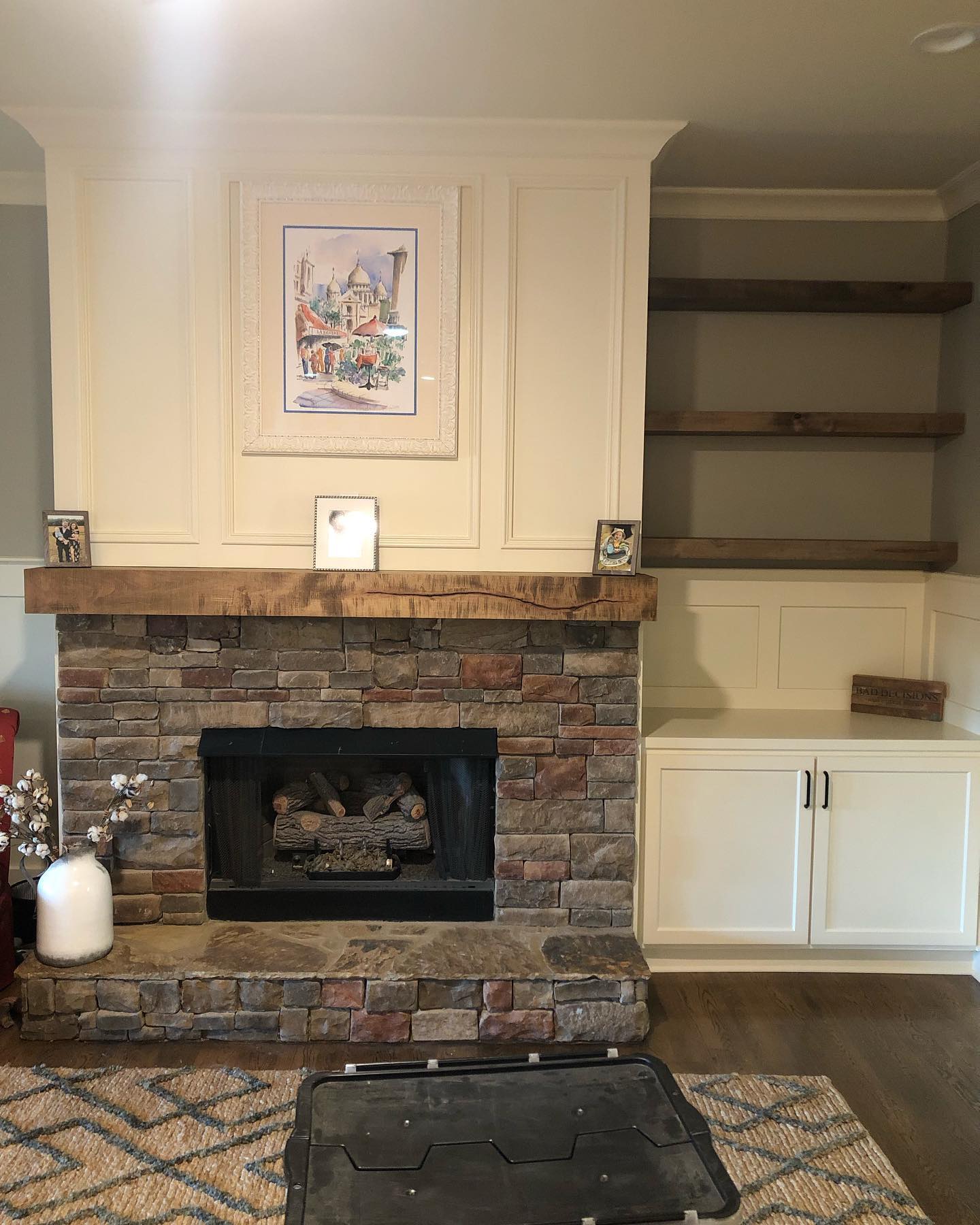 Custom Mantel Floating Shelves with Built in Cabinets 4