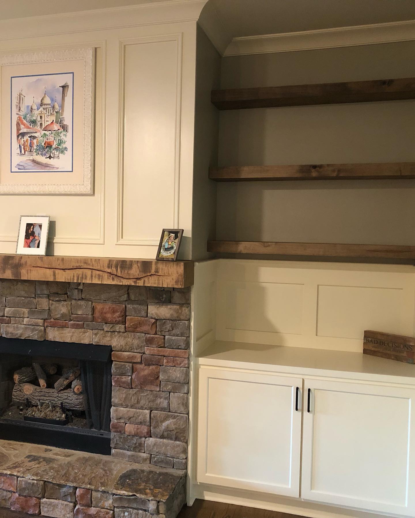 Custom Mantel Floating Shelves with Built in Cabinets 3