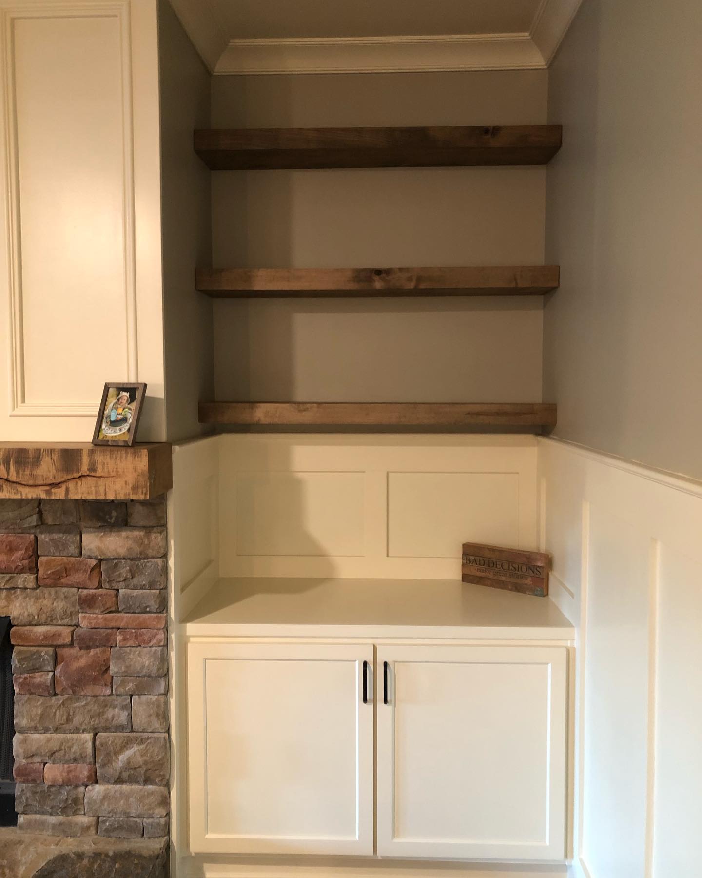 Custom Mantel Floating Shelves with Built in Cabinets 2