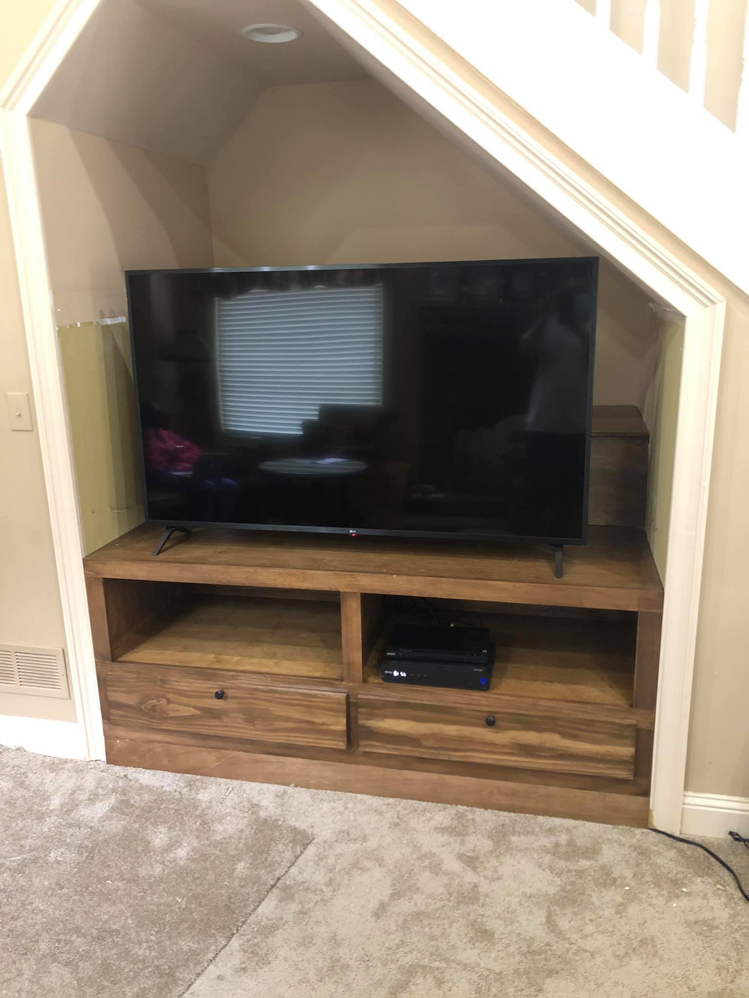 Entertainment Center Walnut Stain on Birch Plywood & Pine Face Fronts near Peachtree City 2
