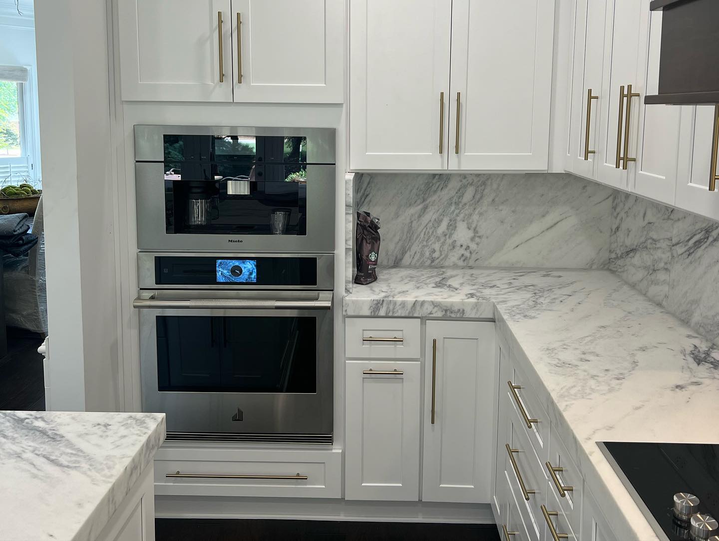 Complete Shaker White Kitchen Cabinets Installation with Crown Molding and Custom Handles PTC 7