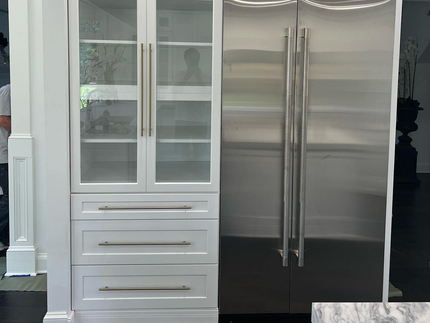Custom White Cabinets Painting and Installation with Glass Faces and Custom Handles PTC 6